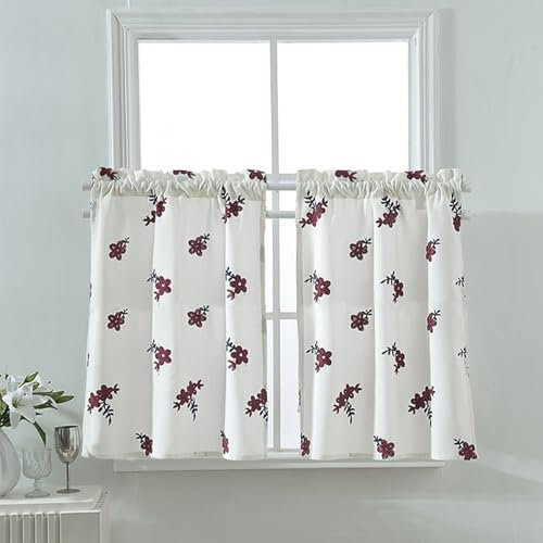 Aotiwe Scheibengardine Landhaus, Bistrogardine Kurz Blumenstickerei Beige Weiß Küchengardinen Fenster Landhaus Polyester 74x61cm 2er Set