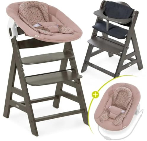 hauck Hochstuhl Alpha+ Newborn Set mit 2in1 Bouncer - Mitwachsender Holz Babyhochstuhl ab Geburt, inkl. Sitzauflage & Neugeborenenaufsatz - Charcoal | Bambi