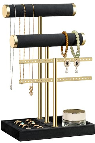 Josmimic Organisateur de Bijoux à 3 Niveaux - Porte Bijoux Noir en Velours pour Bracelets, Colliers, Montres, Bagues