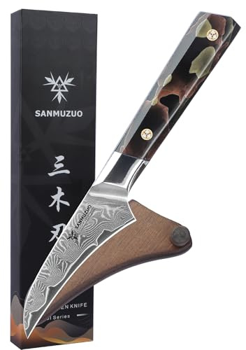 SANMUZUO Coltello da cucina a becco d'uccello da 9 CM, coltello da cucina professionale per sbucciare, acciaio in polvere di Damasco ultra affilato con impugnatura in resina a codolo intero, serie Bi