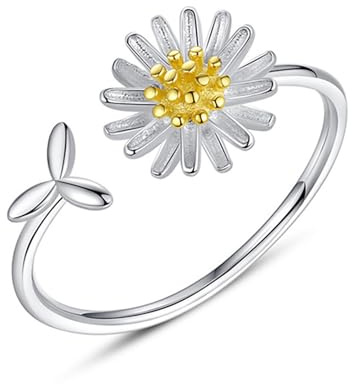 Hmzidz Gänseblümchenring Damen Mädchen,Blumenringe Schmuck für Frauen,Verstellbare Ringe Silber 925 Damen,Modeschmuck für Deinen Individuellen Look