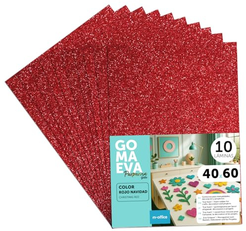 Moosgummi Platten mit Glitzer 40x60cm, Bunte EVA Foam Bastelplatten für Kinder, DIY, Schule, Deko & Kunstprojekte – Ideal als Bastelpapier, Moosgummi mit Glitzer – m-office (Weihnachtsrot, 10 uds)