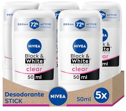 NIVEA Black & White Invisible Clear - Desodorante Antitranspirante para Hombre - 72h Protección contra el Sudor - 0% Alcohol - Tecnología Antimanchas Patentada - Todo tipo de Piel - Stick 5 x 50 ml