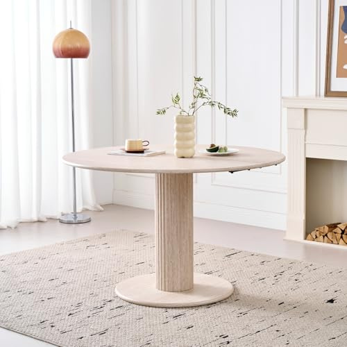 GrandCA HOME Table à Manger Ronde Moderne et Simple, Imitation Travertin Jaune, Diamètre 115 cm, Pouvant Accueillir 4 à 6 Personnes