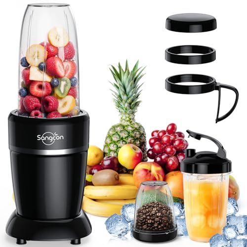 Sangcon Mélangeur de smoothies de 1000 W avec 3 tasses + 2 couvercles de bec + 1 bouchon de rangement + 1 bouchon à emporter, mélangeur portable pour milkshakes et smoothies, machine à smoothie