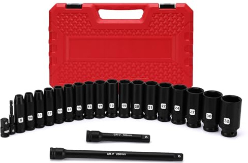 Mayouko 22 PCS 1/2-Inch Drive Deep Impact Socket Set, 8mm to 32mm, Metric, 6 Point, with Extension Bars and Adapter, CR-V