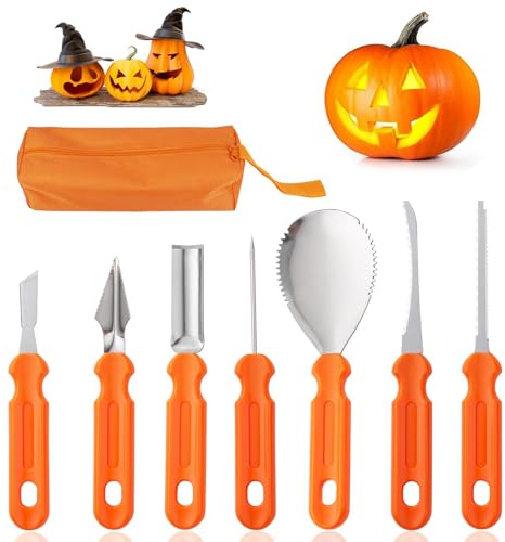 Cuicany 7 Stück Halloween Kürbis Schnitzset, Edelstahl Schnitzwerkzeug Kürbis Schnitzen, DIY Halloween Dekoration Edelstahl Schnitzwerkzeuge Mit Tragetasche, für Familie, DIY Kürbislaterne