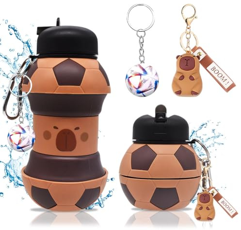 OPVXZAD Borraccia Silicone Design Calcio per Bambini e Adulti, Capybara Borraccia Calcio con Portachiavi a Forma di Capybara, Football Portachiavi, 550ml Bottiglia pieghevoli Sport per Outdoor