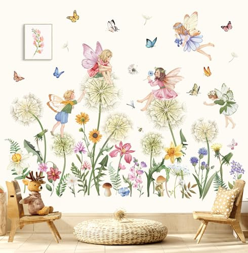 wondever Wandtattoo Pusteblume Fee Wandsticker Löwenzahn Blumen Elfen | Abziehen und Aufkleben, Abziehbar, Wandaufkleber Selbstklebend für Kinderzimmer Mädchen Babyzimmer Mädchenzimmer Wanddeko
