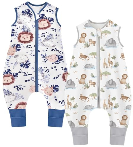 Chilsuessy Baby Schlafsack mit Füßen 2er Pack 1.5 Tog Kinder Ganzjahres Schlafsack 100% Baumwolle Baby Schlafsack mit Beinen, 1.5 Tog/Löwen + Tiere, 80cm/Baby Höhe 85-95cm