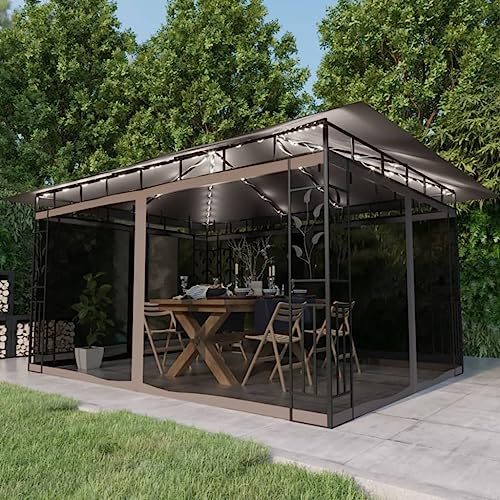 Qnhdfrt Pavillon mit Moskitonetz und LED Lichterkette 4x3x2,73 m Gartenpavillon aus Stahl und Polyester Taupe für Camping Garten und Outdoor Events