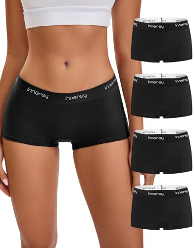INNERSY Womens Boxers Underwear Ladies Boxer Briefs Hipsters Panties 4 Pack | Soft Cotton Boyshort Knickers, Midi Rise Boy Shorts Pants, Stretch Sport Logo Waistband, Tag-free, Daily Comfort Underpants