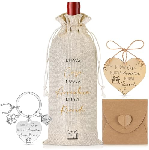 Otuuz 5 Pezzi Regali per Casa Nuova Sacchetto Porta Bottiglia di Vino Rosso Portachiavi Targhetta in Legno a Forma di Cuore Busta Regalo d'Inaugurazione per Trasloco Trasferirsi Vicini Amici Familiari