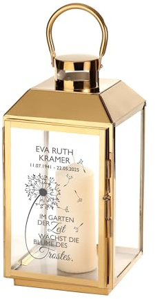 Casa Vivente Gedenklaterne aus goldenem Edelstahl mit Gravur für das Grab, Trauerlicht mit Inschrift, Personalisiert mit Namen und Datum, Trauer Blume, Grablicht für Trauer, Beileid