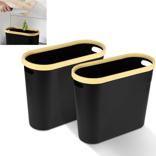 Houkiper Small Kitchen Bin, 2 Pack 12L Food Waste Bin Under Kitchen Counter Bin, Recycling Trash Bin Food Caddy Bins for Cupboard Door Cabinet Motorhome Bathroom Bedroom, Black