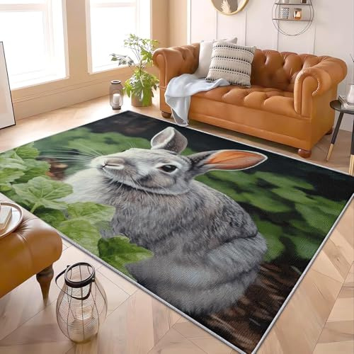 Generisch Wohnzimmer Schlafzimmer Dekorativer Teppich 60x90 cm Tierkaninchenillustration Waschbarer Kurzflor Teppich GrüN Rutschfester Teppiche Matte für Esszimmer Büro Küche Spielzimmer