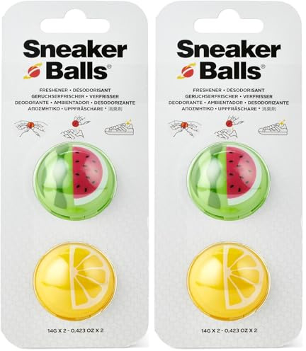Sneaker Balls Déodorant & Boules Rafraîchissantes, Élimine les Odeurs de Chaussures/Sacs de Sport/Casiers, Diamètre 3,8 cm, Action Rotative Rapide, 90 Jours de Fraîcheur - Pastèque/Citron (Lot de 2)