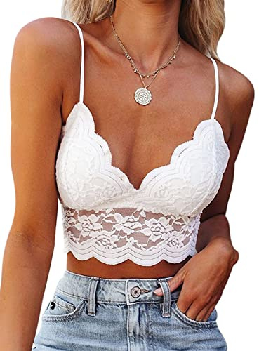 PASUDA Canotta Donna Estiva Canottiera Scollo a V in Pizzo Sexy Crop Top Spalline Sottili Regolabile Camisole Elasticizzata Senza Maniche Canotte(Bianco,L)