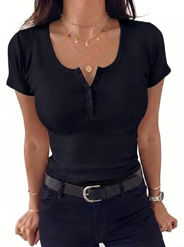 Zeagoo T-shirt dam, slim fit toppar, rund hals, ribbad t-shirt, Henley-skjortor, kortärmad, lediga sommartoppar, XS-XL