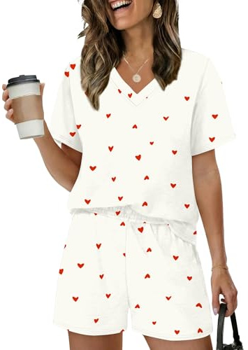 Rapbin Pyjama pour femme à manches courtes - Joli ensemble de pyjama à col en V - Ensemble de vêtements de détente pour femme - Short de pyjama deux pièces - Vêtements de nuit doux, L
