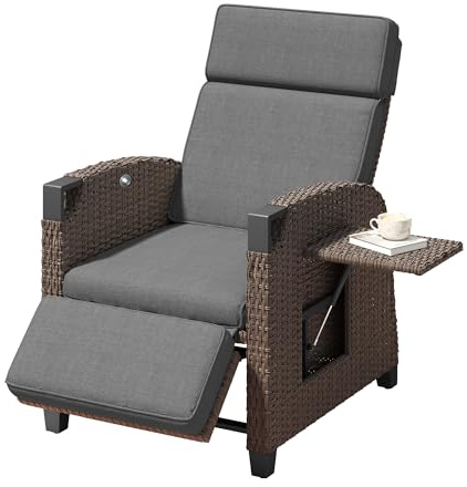 Amopatio Relaxliege Liegesessel, Rattan Sonnenliege mit Verstellbar Rückenlehne und Klapptisch, Outdoor Gartensessel wetterfestes, für Terrasse, Garten, Balkon – Grau & Braun