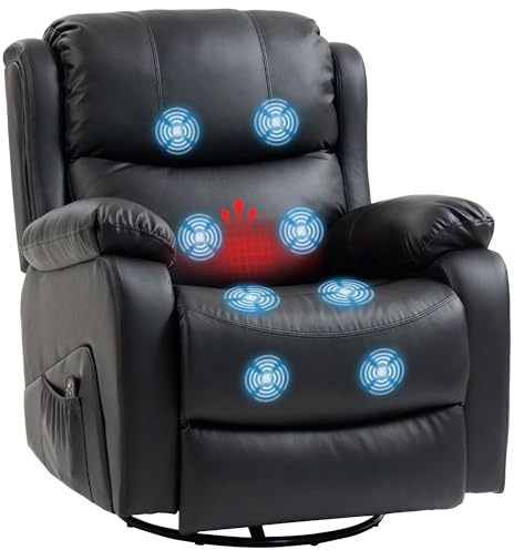 HOMCOM Poltrona Massaggiante Reclinabile Manuale 145° con Riscaldamento, 8 Zone di Massaggio, Poltrona Relax Girevole con Funzione Dondolo, Poggiapiedi, Tasche Laterali, Telecomando, Pelle PU, Nero