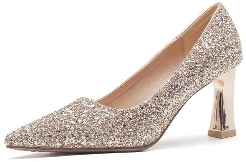 Escarpins Pailletés Femmes Bout Pointu Talon Épais Slip on Chaussures | Bal, Banquet, Célébration, Fini Scintillant, Semelle Caoutchouc, Talon Bloc Stable, Chaussures Habillées Toutes Saisons