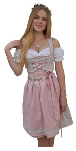 Golden Trachten-Kleid Dirndl Damen 3 TLG, Midi für Oktoberfest, mit Schürze und Bluse, 502GT (40),Grau
