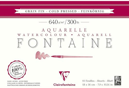 Clairefontaine 96357C 4-sidig häftblock fontän - 10 ark vitt akvarellpapper 100% bomull finkornig professionell kvalitet 18 x 26 cm 640 g