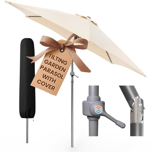 Garden Mile Beige Patio Parasol 2m with Tilt, Crank Handle & Air Vent
