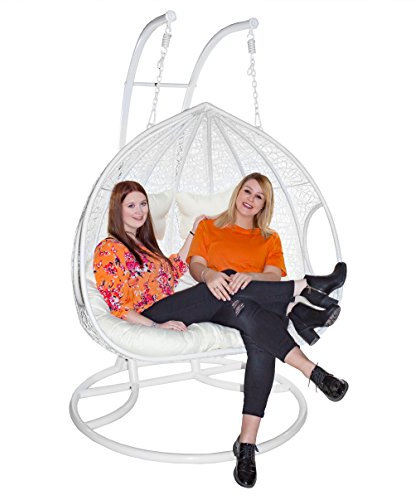 Estexo® Hängesessel mit Gestell für Zwei Personen, Polyrattan Hängekorb, Zweisitzer (Weiß/Vanille)