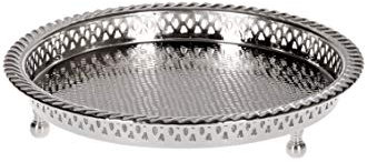 Orientalisches rundes Messing Tablett versilbert Mahra | Marokkanisches Teetablett in der Farbe Silber | Orient Silbertablett silberfarbig | Orientalische Dekoration auf dem gedeckten Tisch Ø 27 cm
