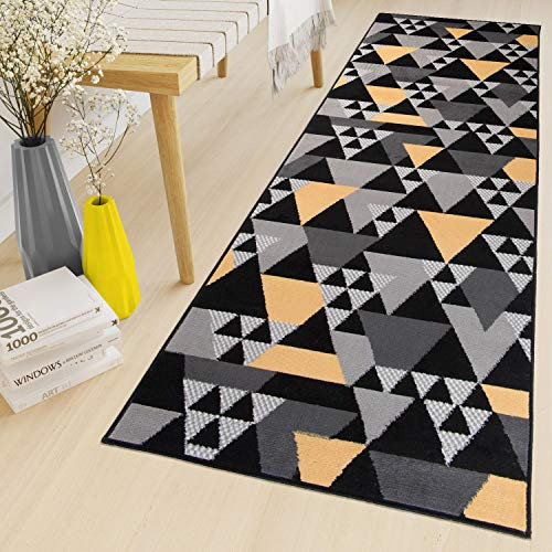 TAPISO Maya Teppich Läufer Meterware Kurzflor Flur Küche Brücke Wohnzimmer Modern Grau Gelb Schwarz Geometrisch Dreieck ÖKOTEX 80 x 1500 cm