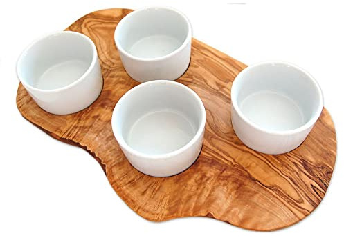 D.O.M.® Servierbrett für Dips - aus Olivenholz inkl. 4 Porzellanschälchen - Gravur möglich (Ohne Gravur)