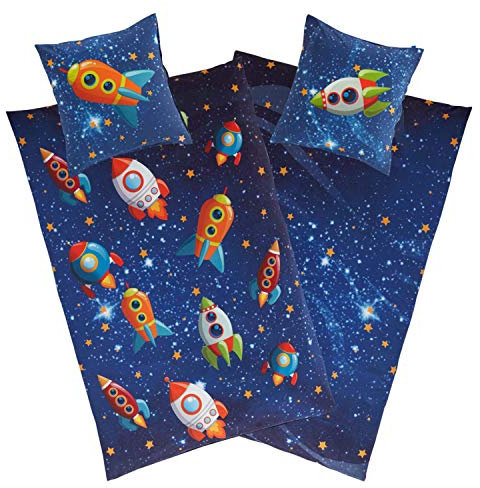 Aminata kids Kinderbettwäsche 135x200 Jungen Junge Kinder Weltall-Weltraum-Motiv Baumwolle mit YKK Reißverschluss, unser Jungs Kinder-Bettwäsche-Set mit Raketen & Universum, blau & bunt