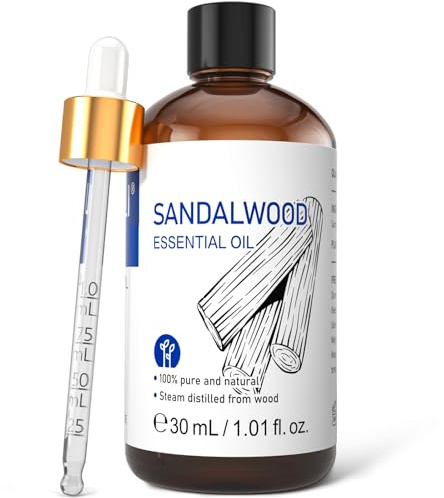 HIQILI Sandalwood Essential Oils 1 Fl Oz, 100% Pure Natural Therapeutic Grade for Skin, Diffuser, Perfume, Candle Soap Making, Includes Premium Quality Glass Dropper