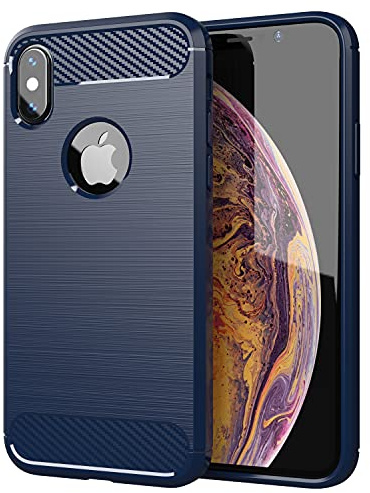 cadorabo Coque pour Apple iPhone X/XS en Bleu BROSSÉ - Coque de Téléphone Portable en Silicone TPU en Fibre Optique de Carbone en Acier Inoxydable - Coque de Protection Etui Souple Ultra Mince