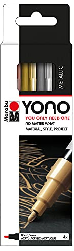 Marabu 1240000004001 - YONO Marker Set Metall mit 4 Farben, vielseitige Acrylstifte, feine, japanische Rundspitze 0,5 - 1,5 mm, wasserbasiert, lichtecht und wasserfest, für nahezu alle Untergründe