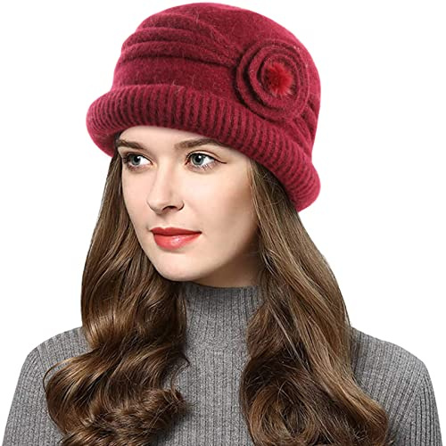 Wantonfy Damen Strickmütze Warme Wintermütze Kante Mütze Blume Beanie | mit Roll Up, mit Seitlicher, Atmungsaktivem, Winter, Elegant