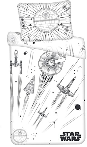 Jerry Fabrics Star Wars dödsstjärna rymdskepp lyser i mörkret svart och vitt täcke 140 x 200 cm kuddöverdrag 70 x 90 cm med dragkedja för barn och vuxna