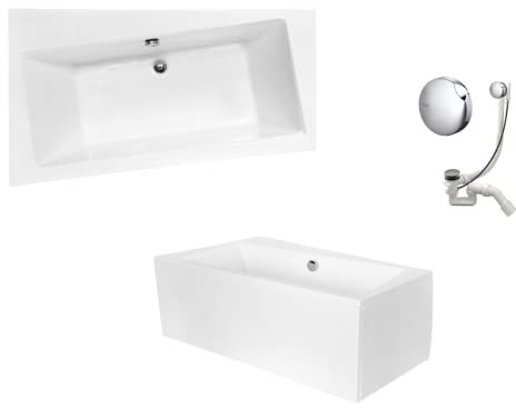 VBChome bañera 150x90 cm acrílico SET delantal bañera sifón bañera esquinera diseño blanco desagüe moderno bañera Simplex delantal izquierdo desagüe pies