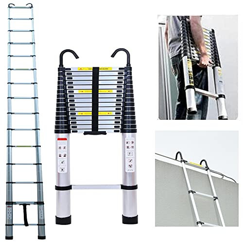 Escalera telescópica de aluminio de 6,2 m, extensible, con 2 ganchos, multiusos, fácil de usar, capacidad de carga de 150 kg, color plateado
