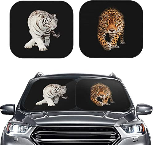 Auto Sonnenschutz, Sonnenschutz Auto Frontscheibe Faltbar Motiv Tigermuster Schwarze, Auto Zubehör Sonnenschutz Frontscheibe 2-teilig 74x60cm mit Aufbewahrungstasche, Auto Scheibenabdeckung Sommer