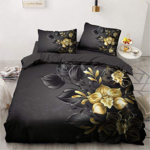 Luowei Blumen Bettwäsche 200x200cm Schwarz Gold Romantische Floral Bettbezug mit Reißverschluss Microfaser Deckenbezug und 2 Kissenbezüge 80 x 80 cm