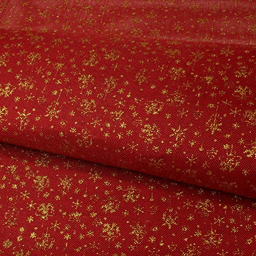 Stoff Meterware Schneeflocken Kristalle Jute - 1 Meter, Jutestoff, Taschen, Tischdecken, Tischläufer, Tischbänder, Kissenbezüge, Deko, Vintage, Rustikal (Gold - Rot)