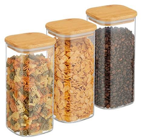 Relaxdays Lot de 3 bocaux en Verre, Couvercle en Bambou, carré, Conservation, 1500 ML, hermétique, Transparent/Naturel