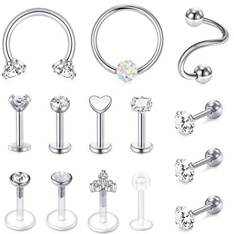Rajnard Helix Septum Lip Piercing Schmuck 16G Chirurgenstahl Silber Tragus Knorpel Conch Rook Ohrringe Stud UV Transparent Retainer Zirkonia Blume und Herz für Frauen Damen und Mädchen