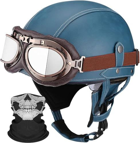 Deutschen Retro Motorrad PU Leder Helm Open Face Motorradhelm mit Schutzbrille ECE-Zulassung Motorradkreuzer-Rollerhelm im Scooter Mofa-Helm Vintage Jethelm für Herren Damen Blue,XL