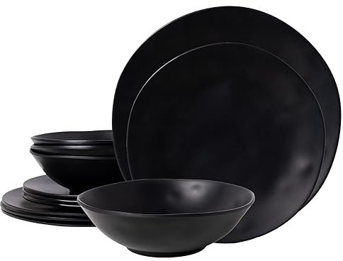 ZAROCRUS Juego de platos y cuencos de melamina negra, juegos de vajilla de melamina de 12 piezas para uso en interiores y exteriores, juego de platos ligeros para RV y camping para 4, sin BPA y apto