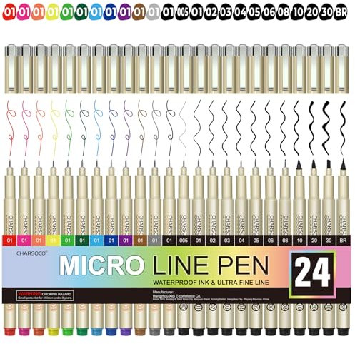 CHARSOCO 24 Stück Mikrostifte, 12 Farben in 01 Filzspitze & 12 Schwarz in den Größen 0,15 mm – 5 mm, wasserdichte Archivtinte, feine Spitze Stift für Künstler, Illustration, Skizzieren, Anime, Manga